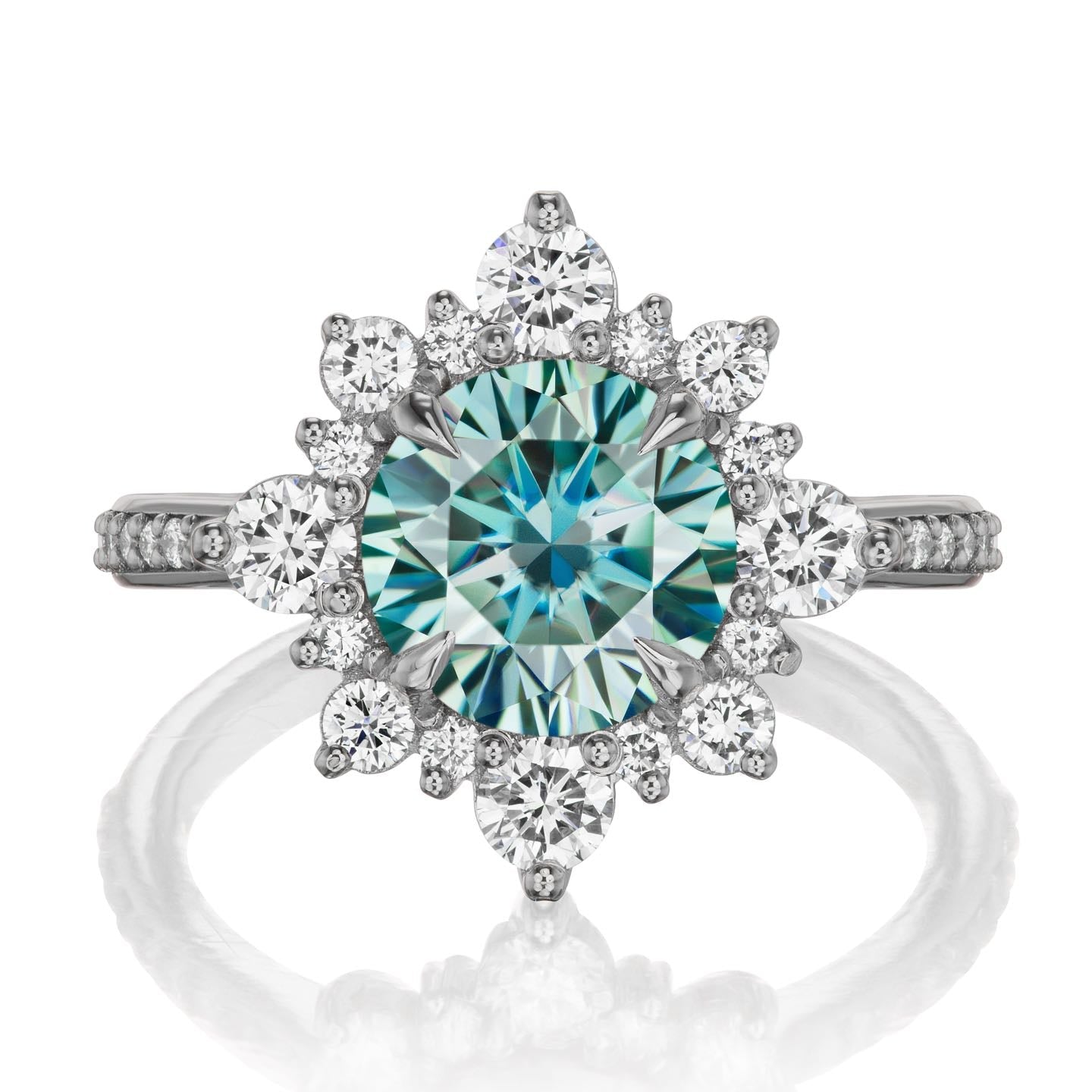 ・REYNA・Aqua-Teal Iconic™ Moissanite Center, Diamond Halo (2.52ctw+)