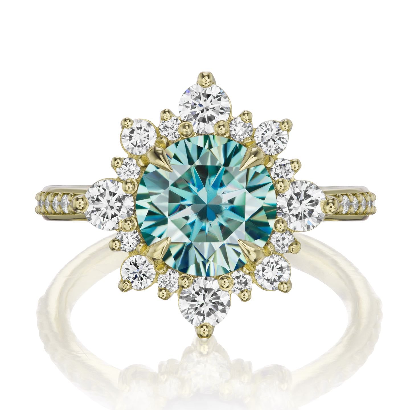 ・REYNA・Aqua-Teal Iconic™ Moissanite Center, Diamond Halo (2.52ctw+)