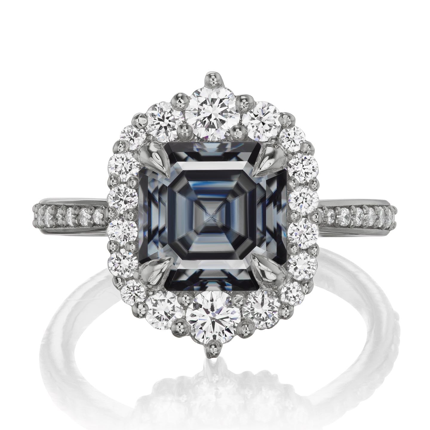 ・ROSALIND・Asscher Iconic™ Dark Grey Moissanite Center, Diamond Halo (2.8ctw+)