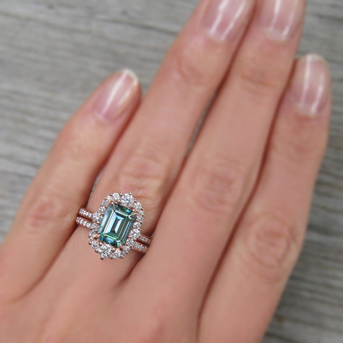 ・ADELINE・Emerald Cut Aqua-Teal Iconic™ Moissanite Center, Diamond Halo (2.16ctw+)