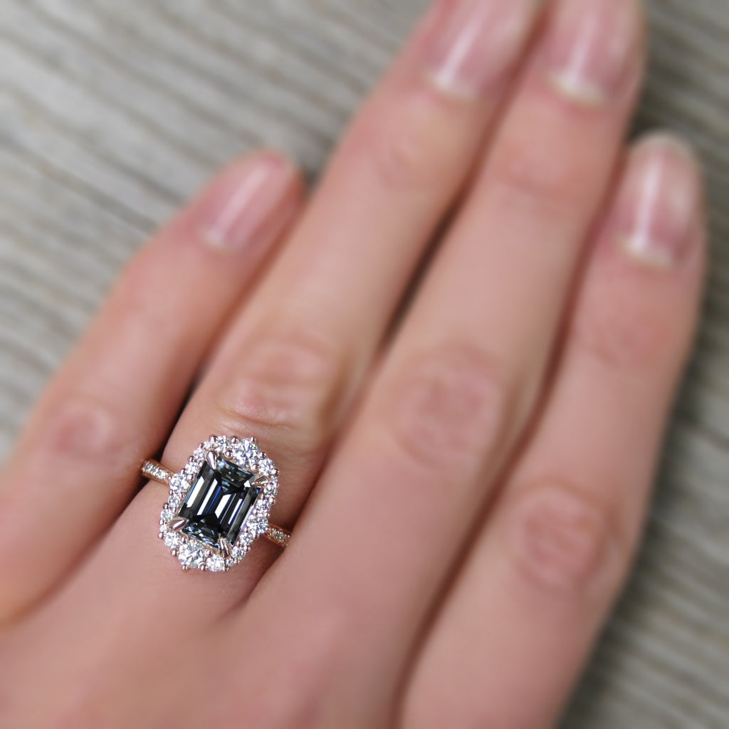 ・ADELINE・Emerald Cut Iconic™ Grey Moissanite Center, Diamond Halo (2.16ctw+)
