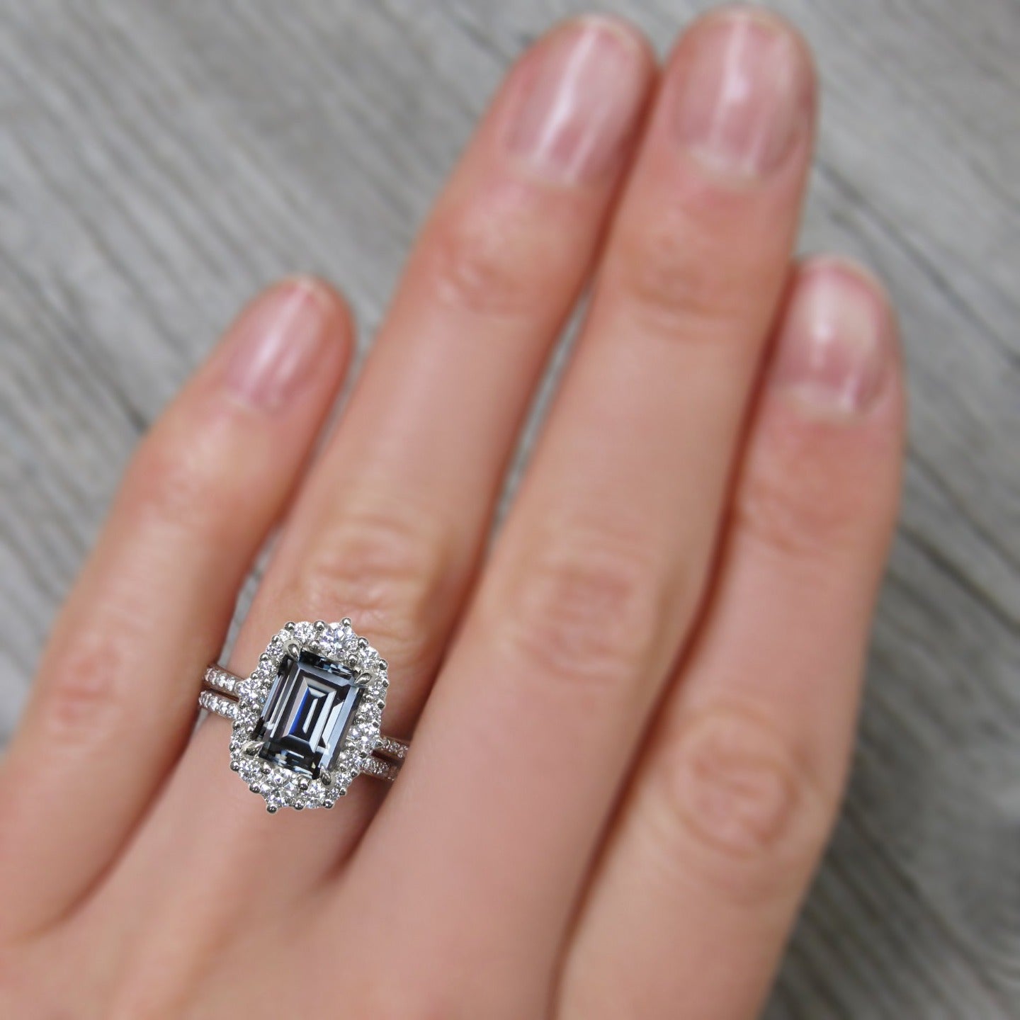 ・ADELINE・Emerald Cut Iconic™ Grey Moissanite Center, Diamond Halo (2.16ctw+)