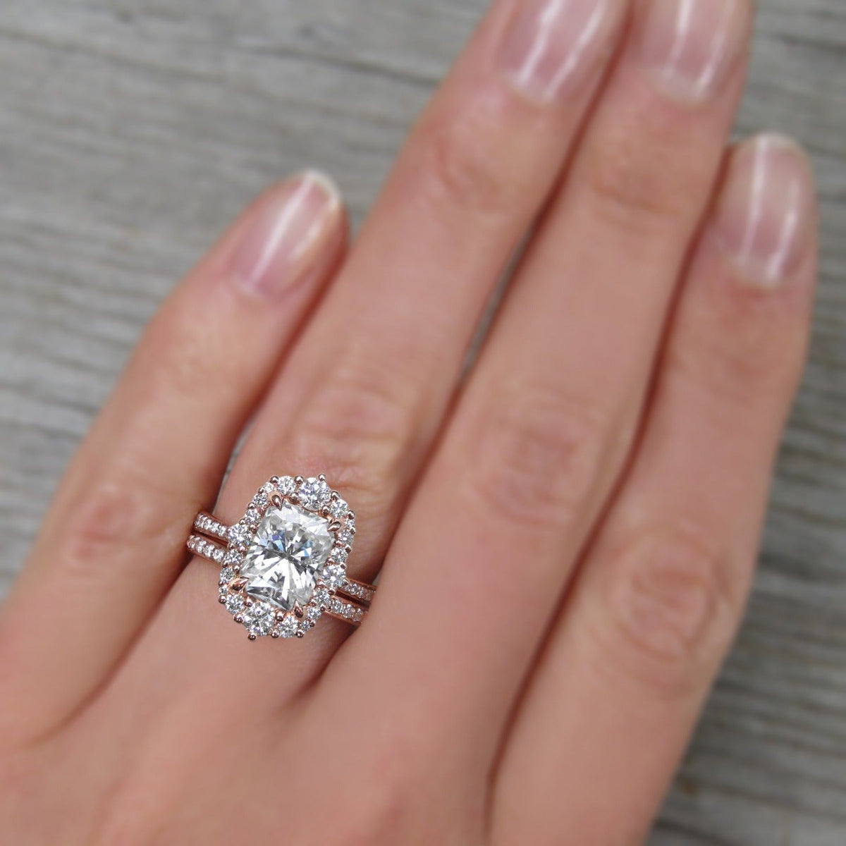 ・ADELINE・Radiant Cut Moissanite Center, Diamond Halo (2.21ctw+)