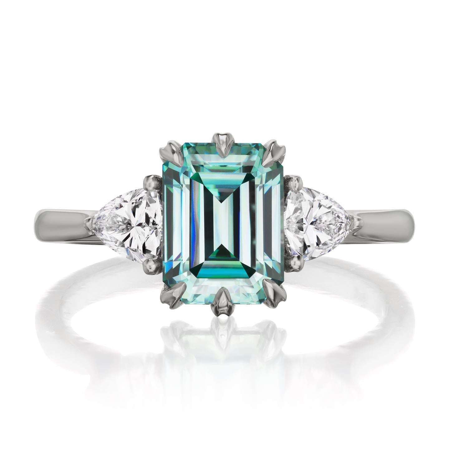 ・AVERY・Emerald Cut Aqua-Teal Iconic™ Moissanite Center, Trillion Diamonds (2.17ctw)