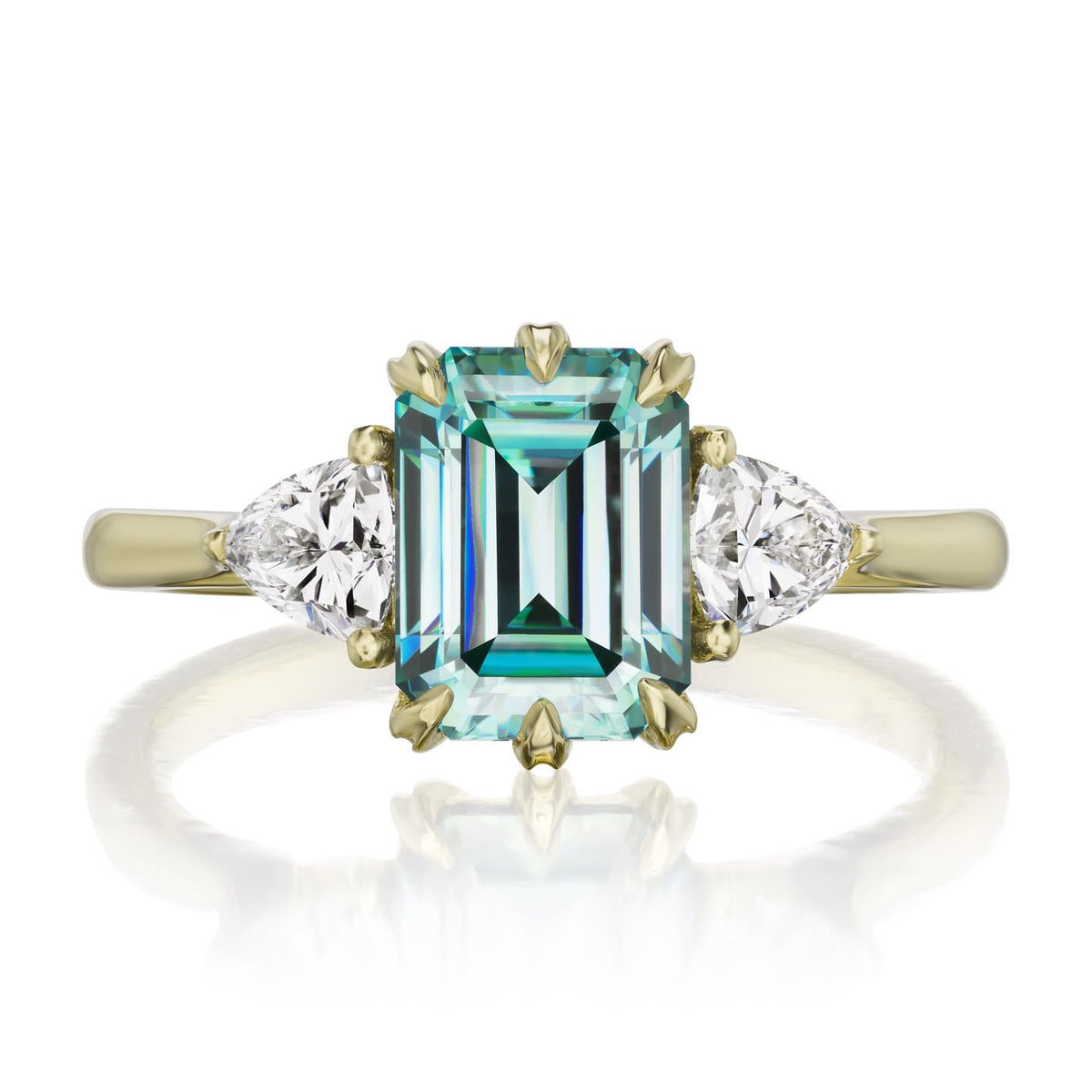 ・AVERY・Emerald Cut Aqua-Teal Iconic™ Moissanite Center, Trillion Diamonds (2.17ctw)