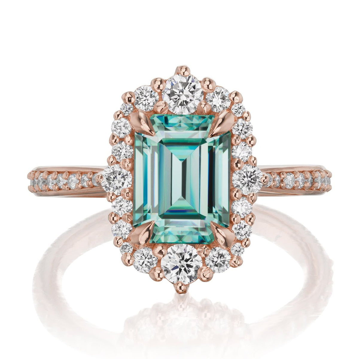 ・ADELINE・Emerald Cut Aqua-Teal Iconic™ Moissanite Center, Diamond Halo (2.16ctw+)