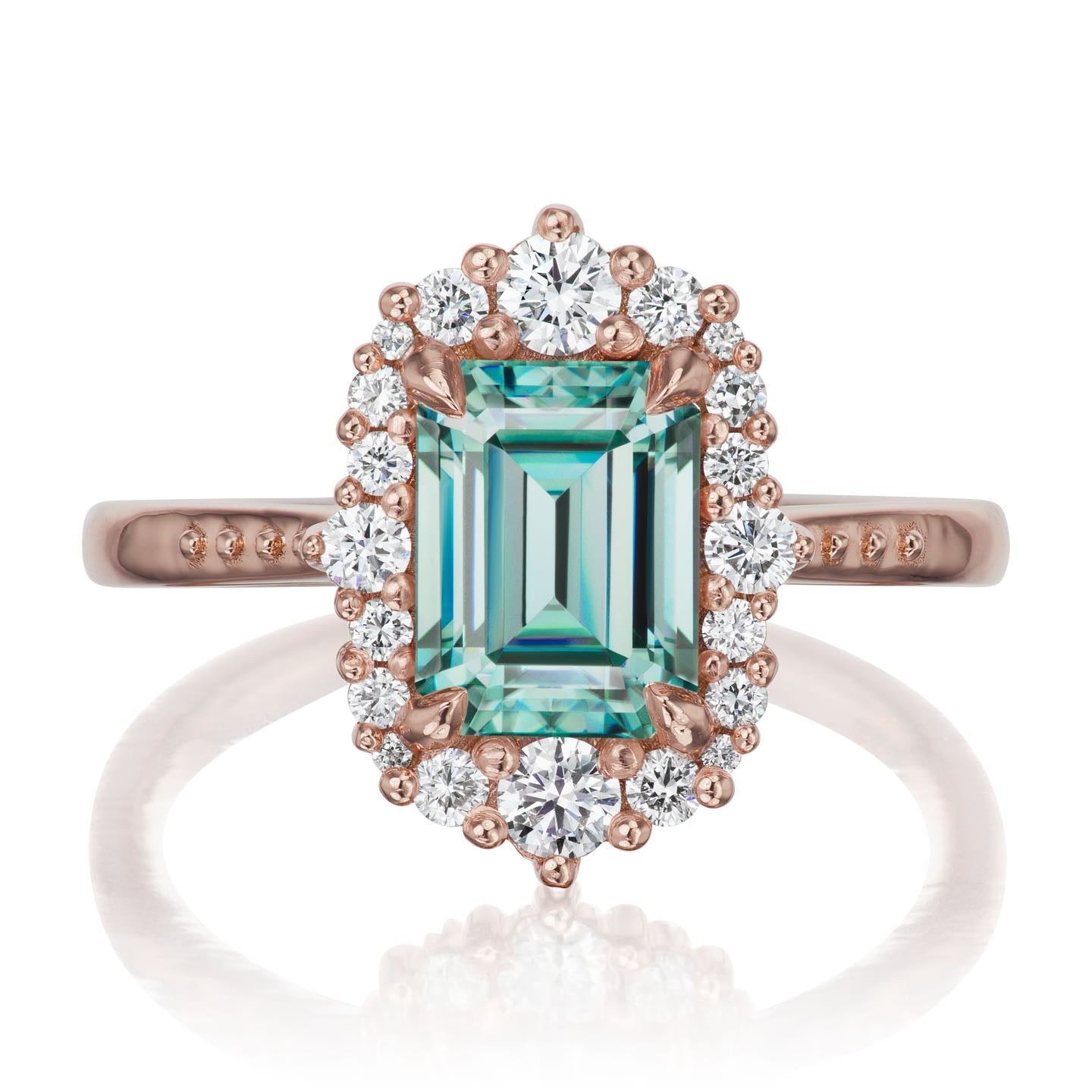 ・ADELINE・Emerald Cut Aqua-Teal Iconic™ Moissanite Center, Diamond Halo (2.16ctw+)