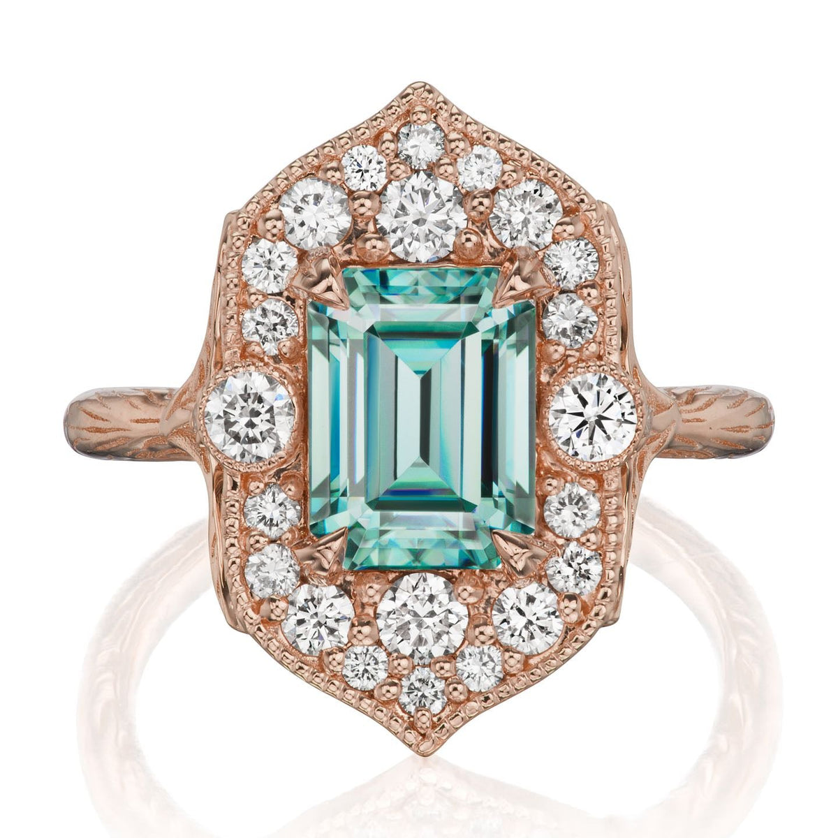 ・ESTELLA・Emerald Cut Iconic™ Aqua-Teal Moissanite, Diamond Halo (2.30ct)
