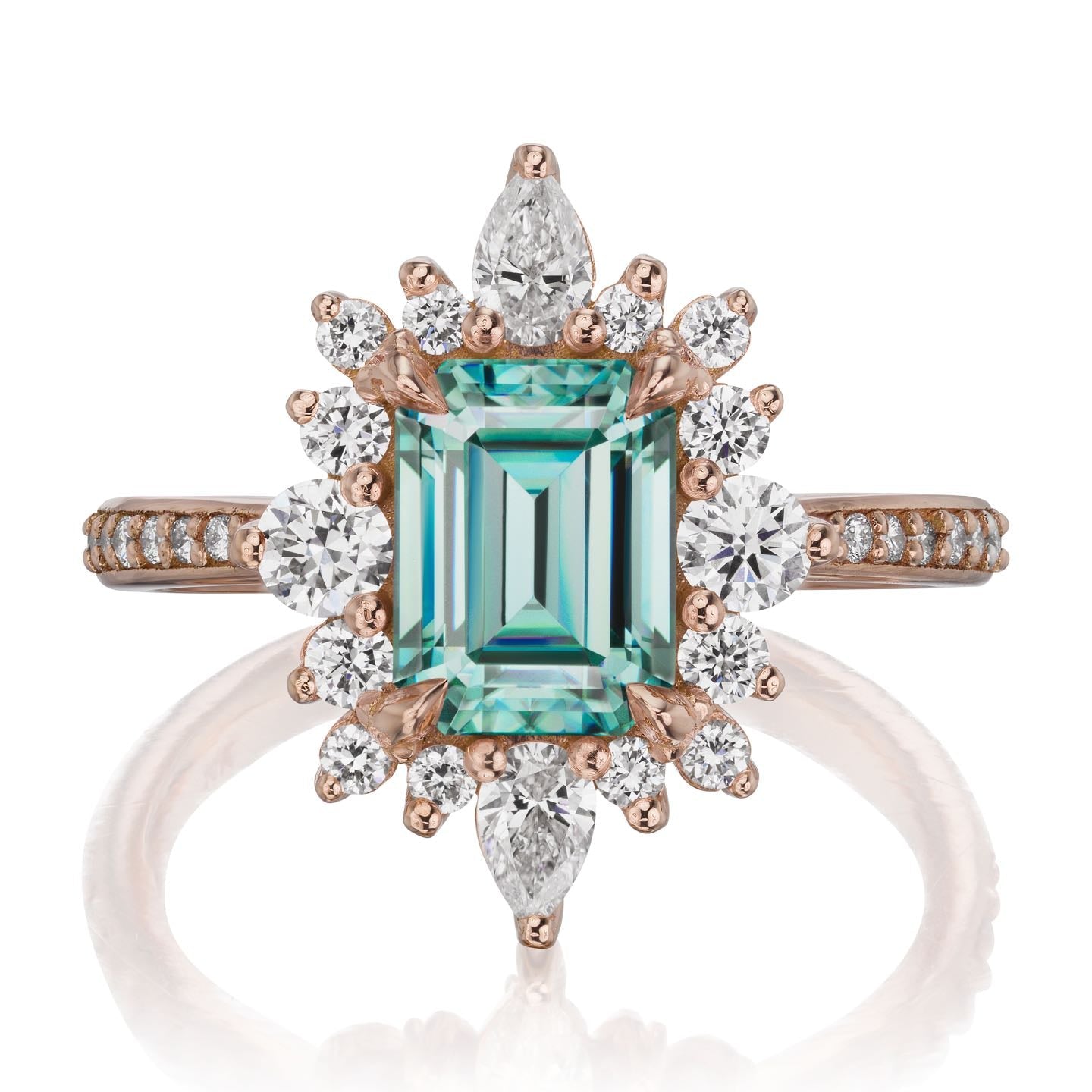 ・TALIA・Emerald Cut Aqua-Teal Iconic™ Moissanite Center, Diamond Halo (2.33ctw+)