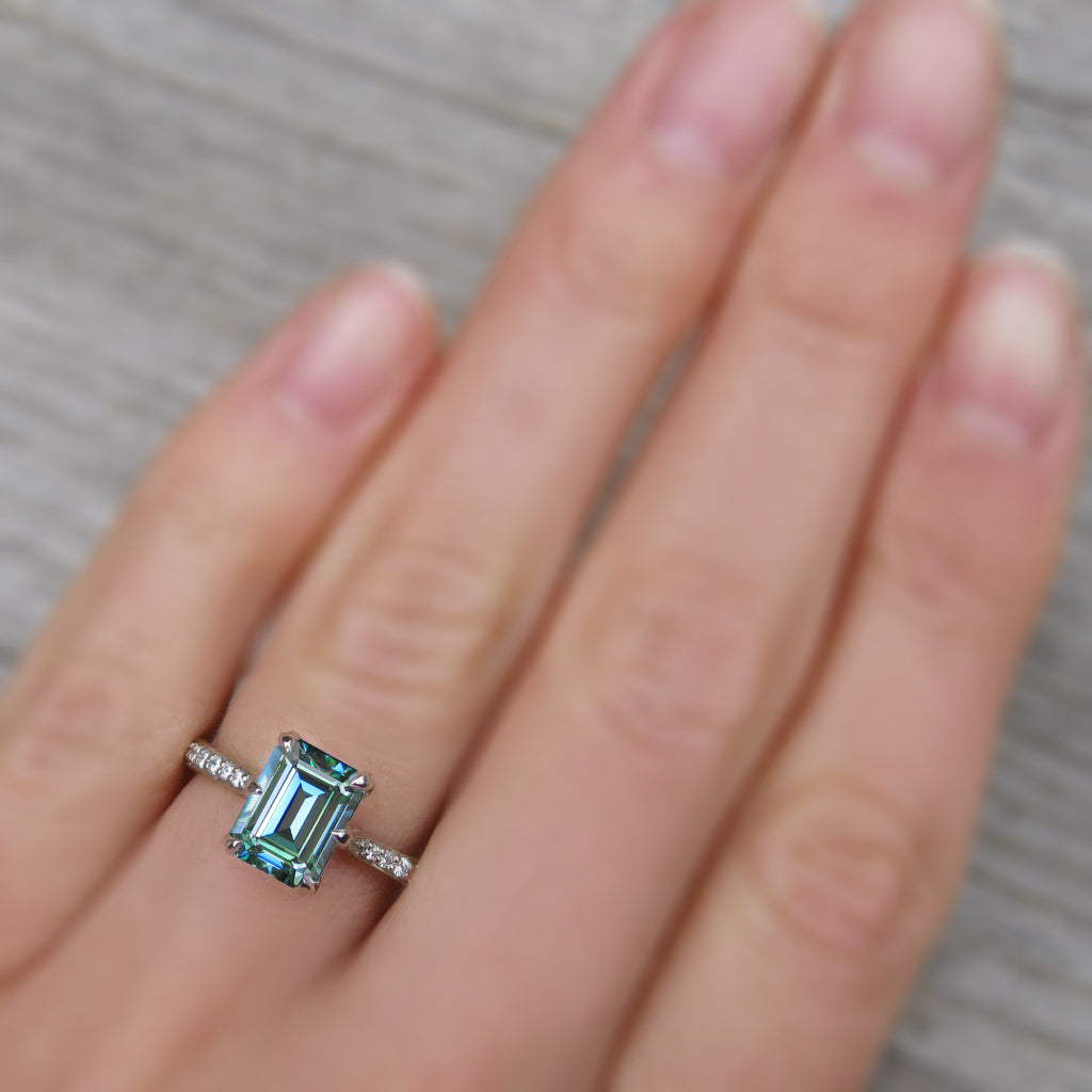 ・NAOMI・Emerald Cut Aqua-Teal Iconic™ Moissanite, Twig Textured Diamond Band (1.75ct Center)