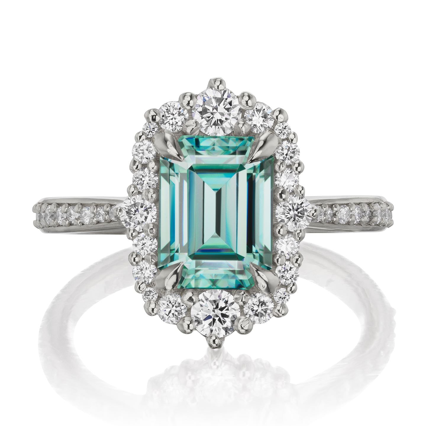 ・ADELINE・Emerald Cut Aqua-Teal Iconic™ Moissanite Center, Diamond Halo (2.16ctw+)