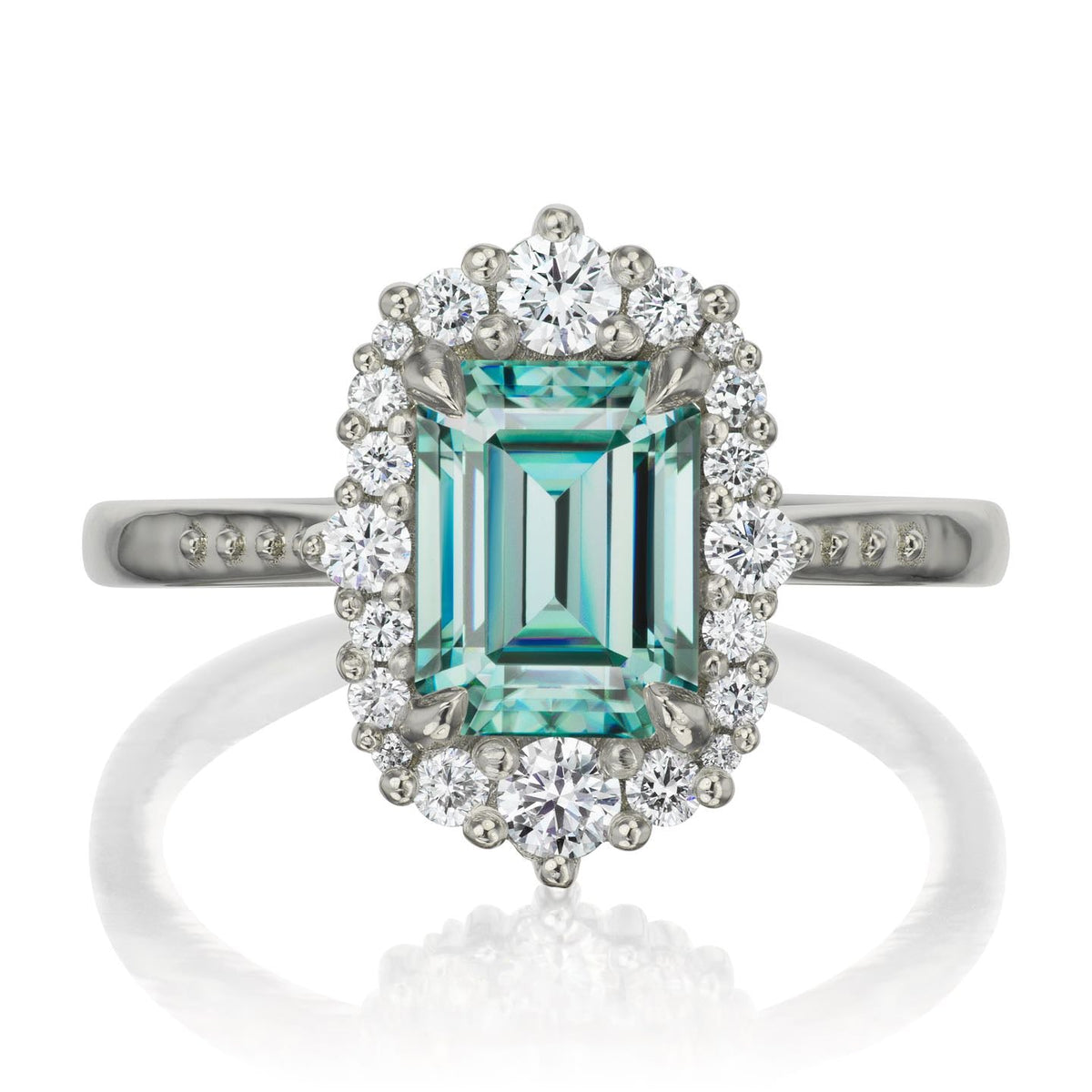・ADELINE・Emerald Cut Aqua-Teal Iconic™ Moissanite Center, Diamond Halo (2.16ctw+)