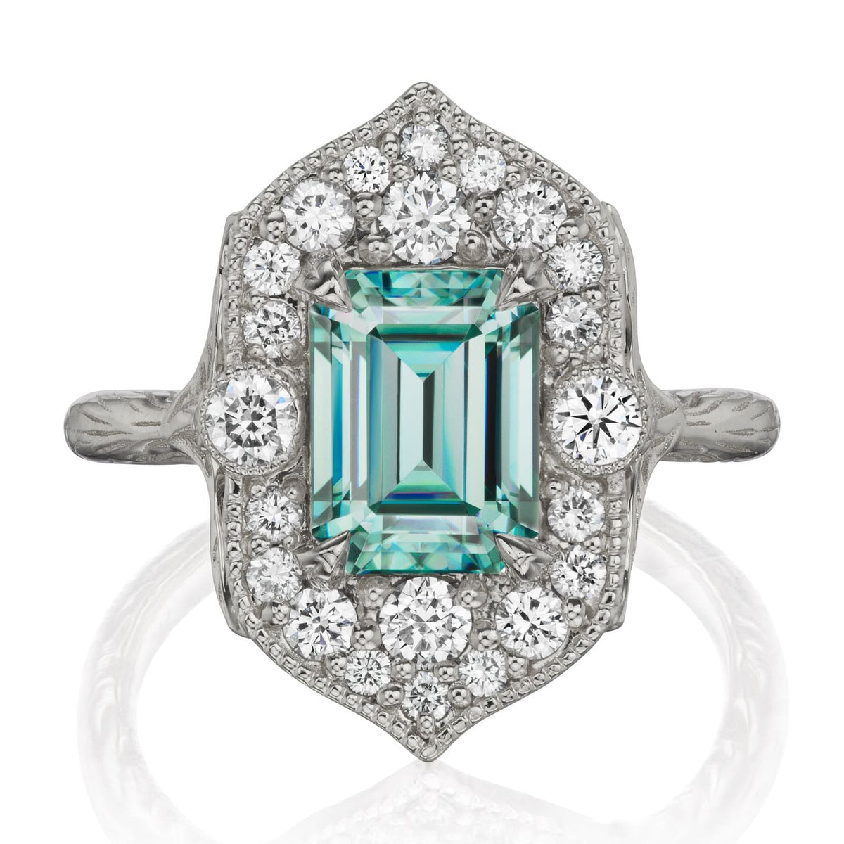 ・ESTELLA・Emerald Cut Iconic™ Aqua-Teal Moissanite, Diamond Halo (2.30ct)