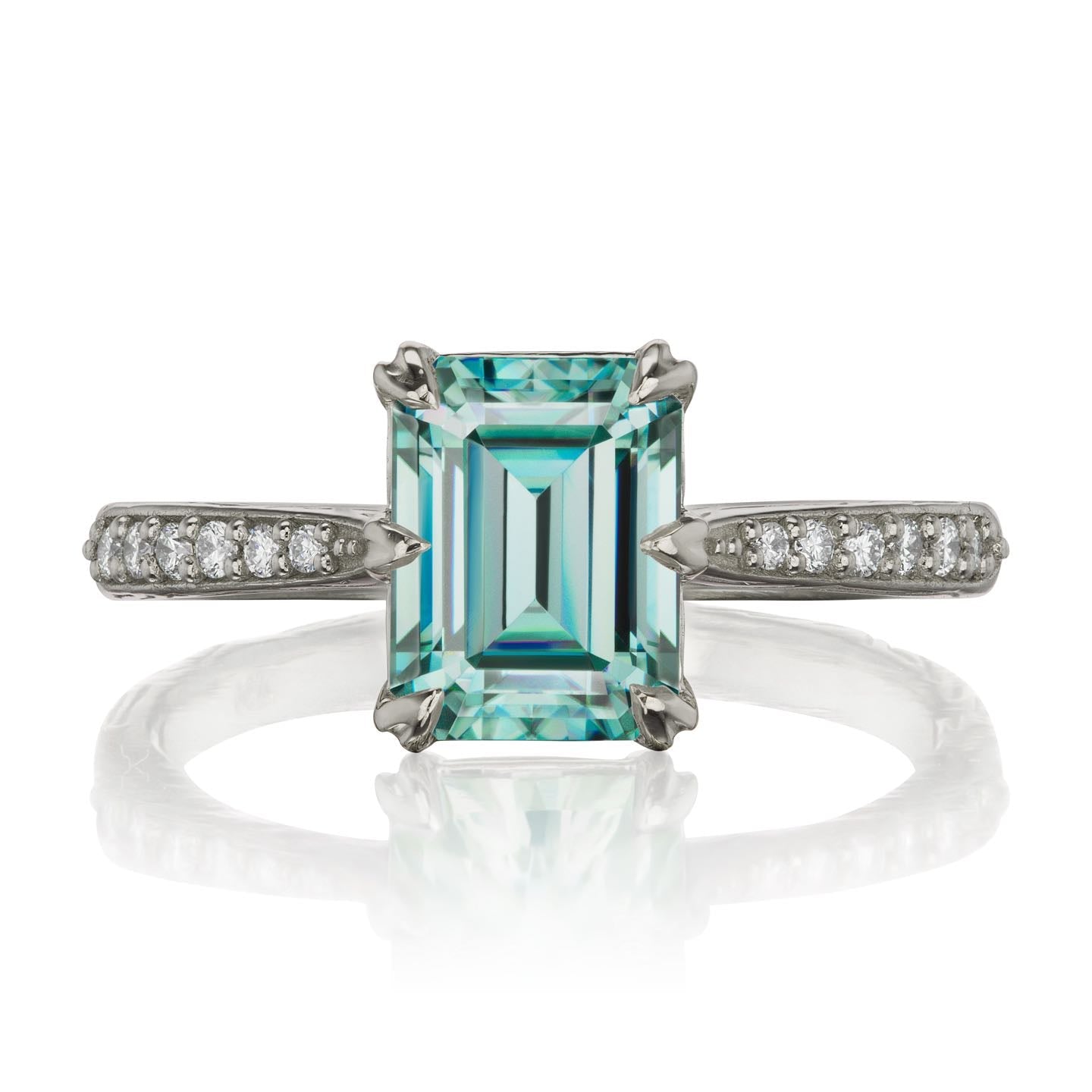 ・NAOMI・Emerald Cut Aqua-Teal Iconic™ Moissanite, Twig Textured Diamond Band (1.75ct Center)