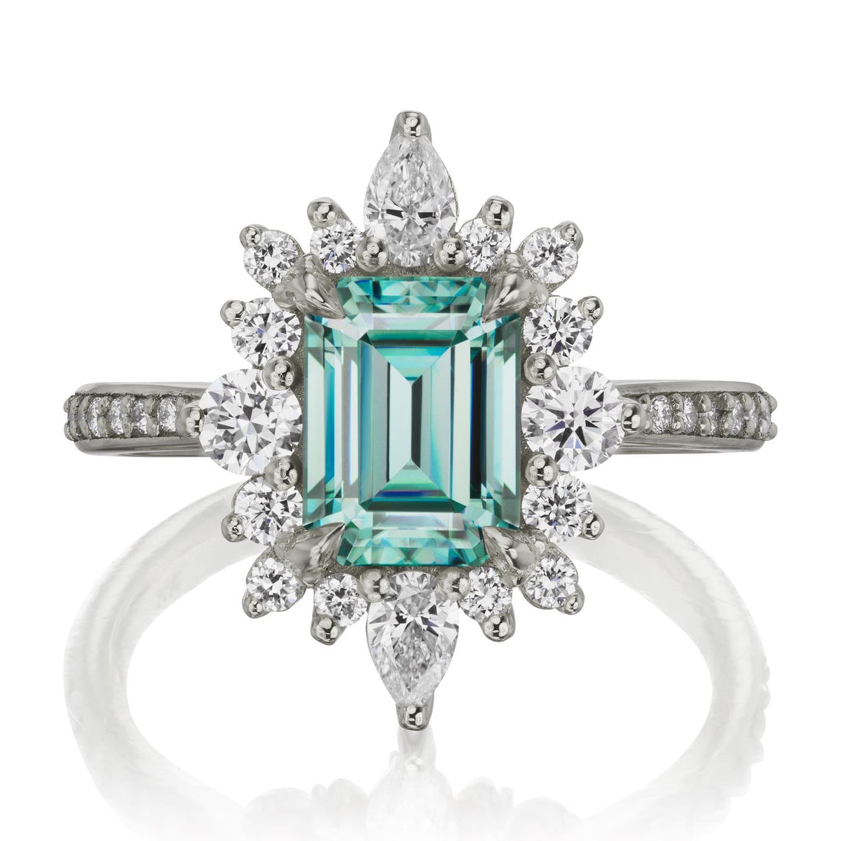 ・TALIA・Emerald Cut Aqua-Teal Iconic™ Moissanite Center, Diamond Halo (2.33ctw+)