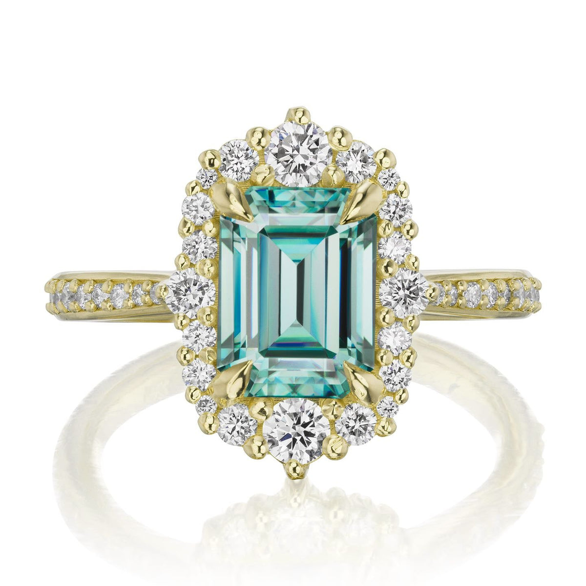 ・ADELINE・Emerald Cut Aqua-Teal Iconic™ Moissanite Center, Diamond Halo (2.16ctw+)
