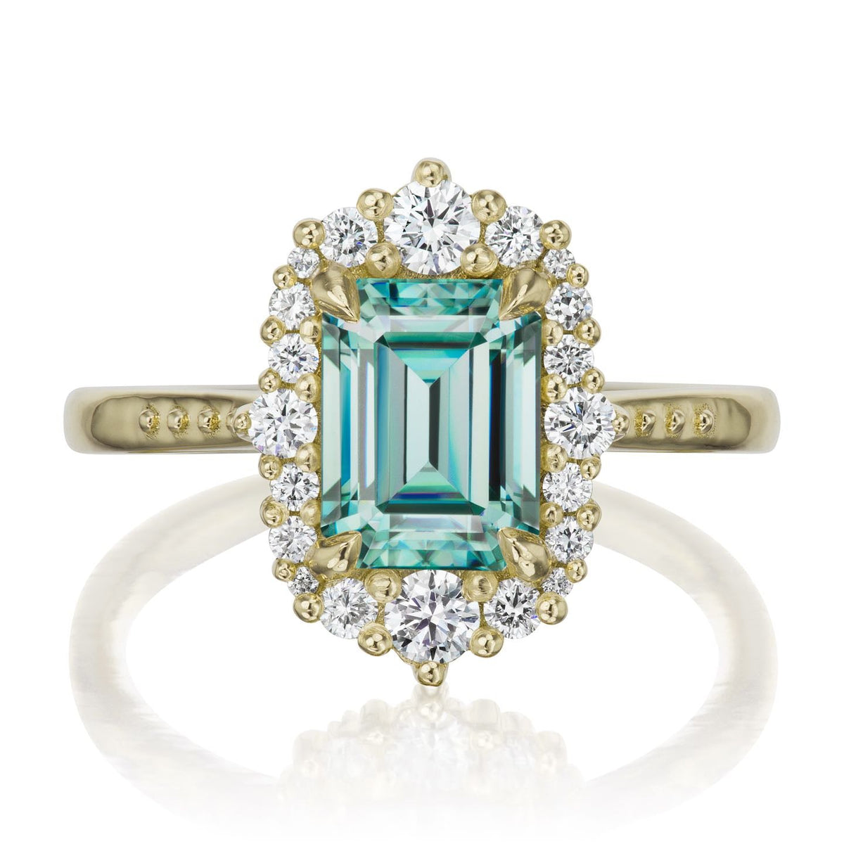 ・ADELINE・Emerald Cut Aqua-Teal Iconic™ Moissanite Center, Diamond Halo (2.16ctw+)