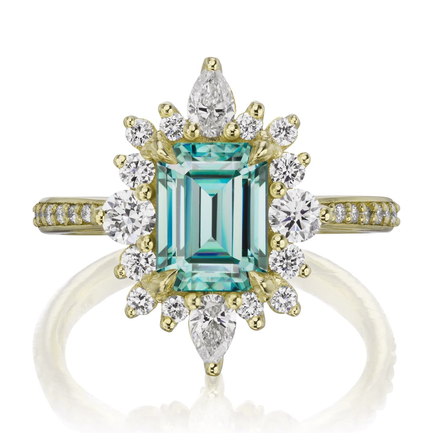 ・TALIA・Emerald Cut Aqua-Teal Iconic™ Moissanite Center, Diamond Halo (2.33ctw+)