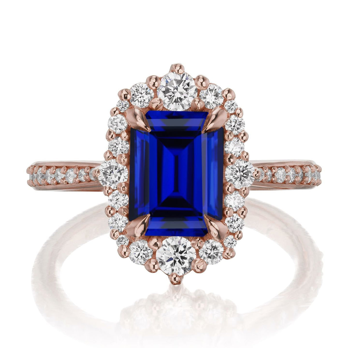 ・ADELINE・Emerald Cut Blue Sapphire Center, Diamond Halo (2.51ctw+)