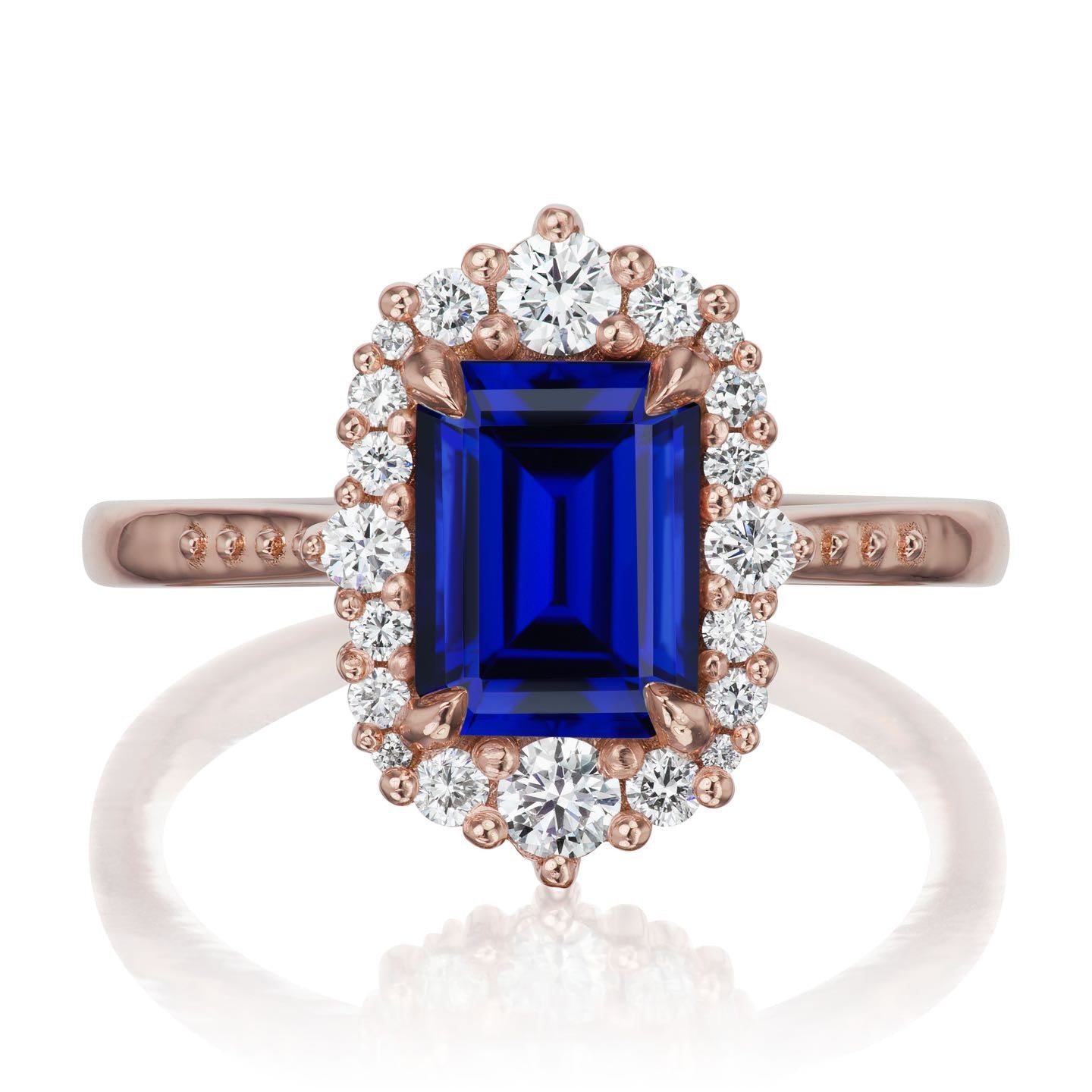 ・ADELINE・Emerald Cut Blue Sapphire Center, Diamond Halo (2.51ctw+)