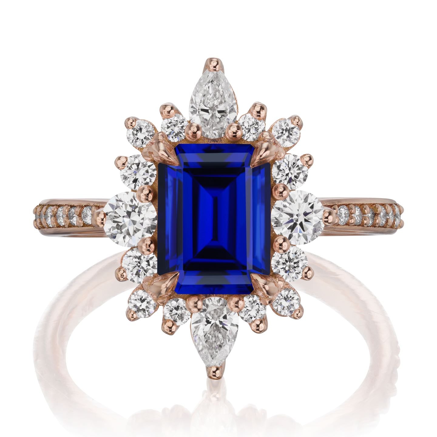 ・TALIA・Emerald Cut Blue Sapphire Center, Diamond Halo (2.68ctw+)