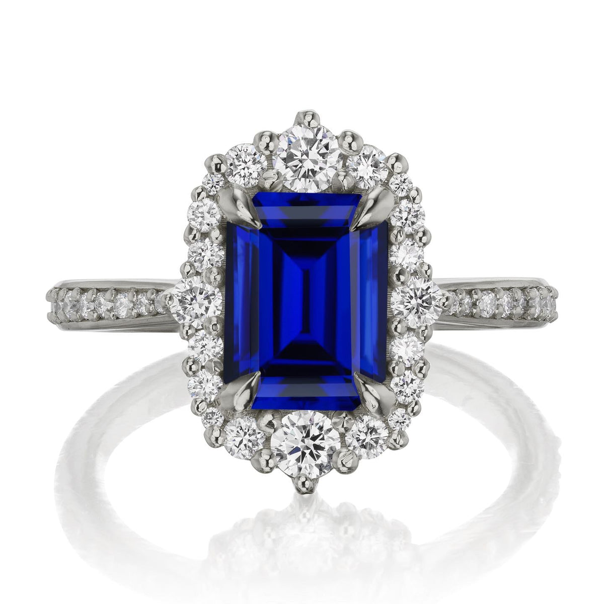 ・ADELINE・Emerald Cut Blue Sapphire Center, Diamond Halo (2.51ctw+)