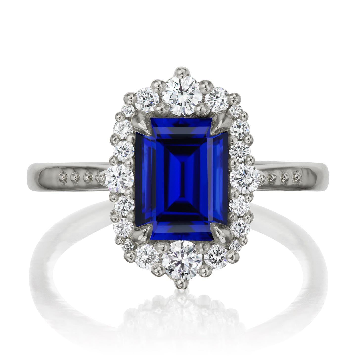 ・ADELINE・Emerald Cut Blue Sapphire Center, Diamond Halo (2.51ctw+)