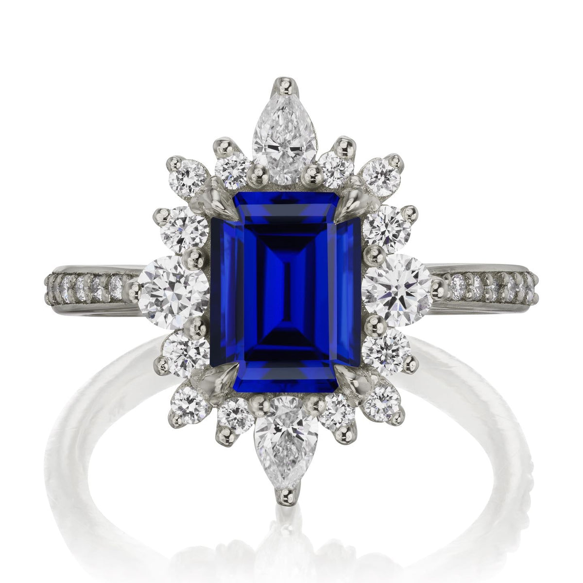 ・TALIA・Emerald Cut Blue Sapphire Center, Diamond Halo (2.68ctw+)