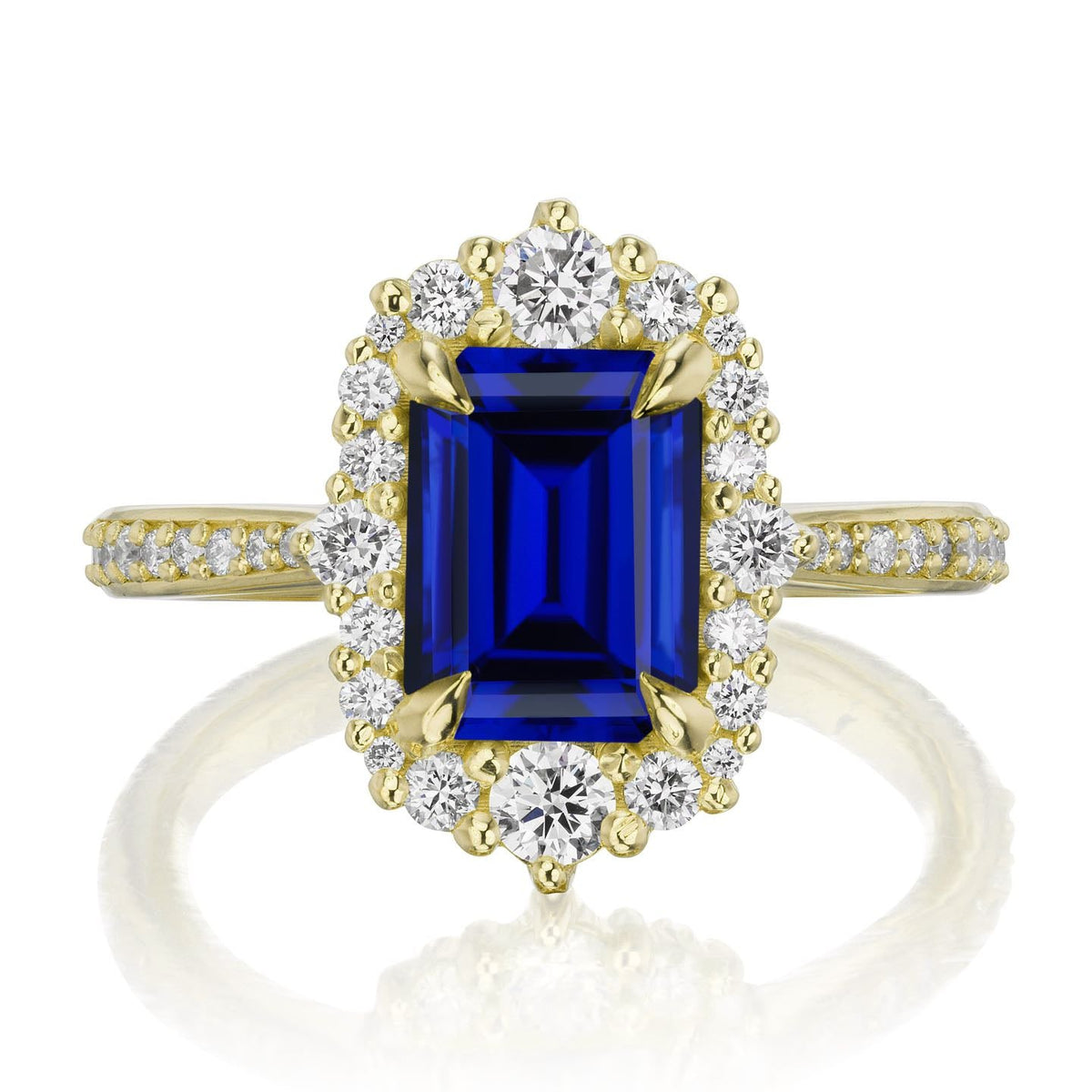 ・ADELINE・Emerald Cut Blue Sapphire Center, Diamond Halo (2.51ctw+)