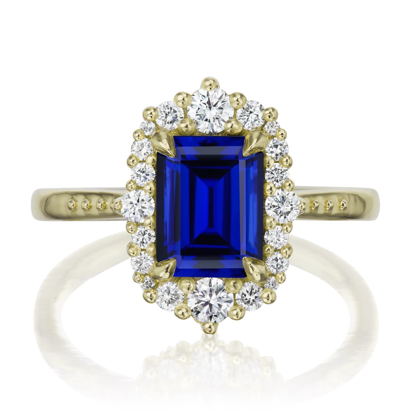 ・ADELINE・Emerald Cut Blue Sapphire Center, Diamond Halo (2.51ctw+)