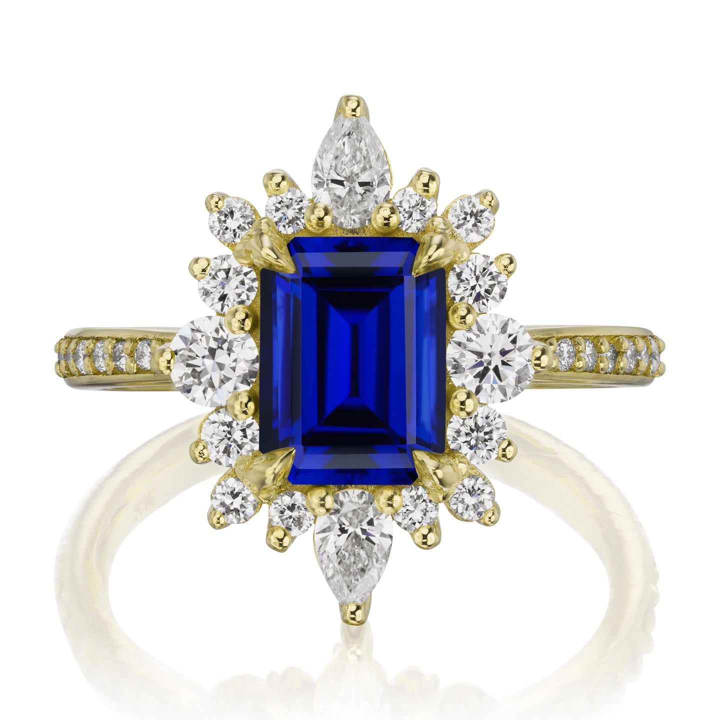 ・TALIA・Emerald Cut Blue Sapphire Center, Diamond Halo (2.68ctw+)