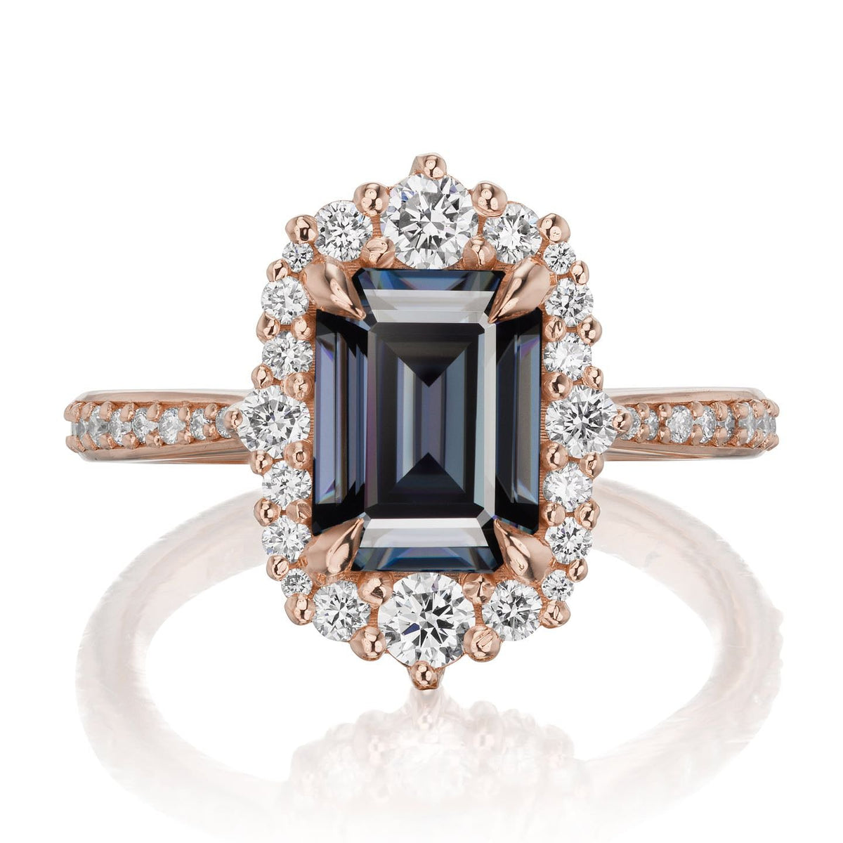 ・ADELINE・Emerald Cut Iconic™ Grey Moissanite Center, Diamond Halo (2.16ctw+)
