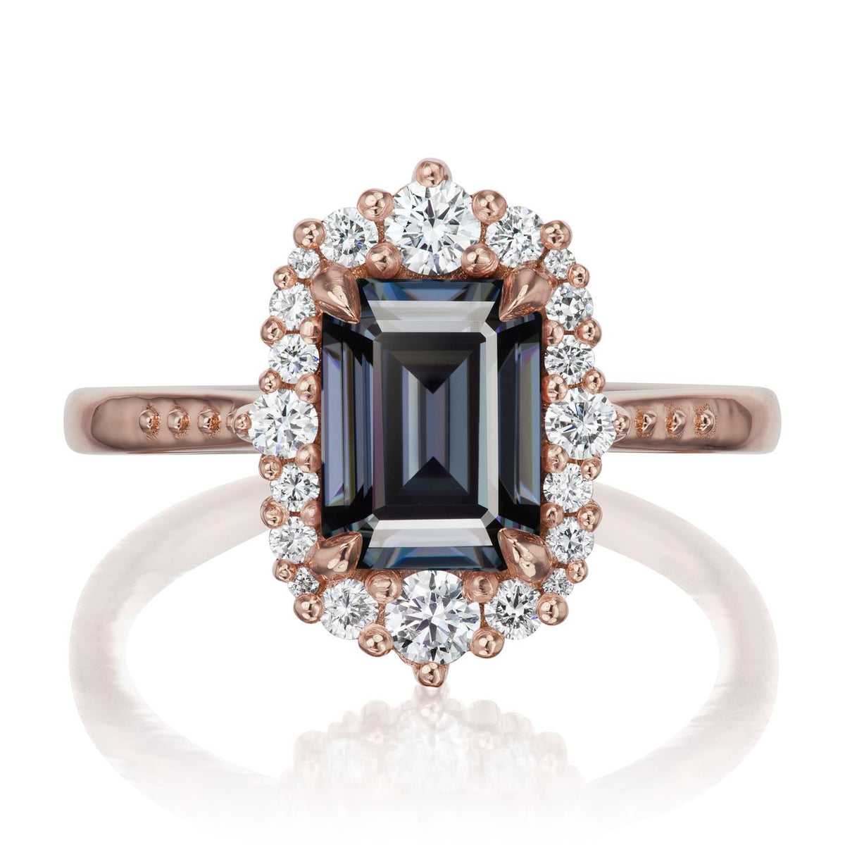 ・ADELINE・Emerald Cut Iconic™ Grey Moissanite Center, Diamond Halo (2.16ctw+)