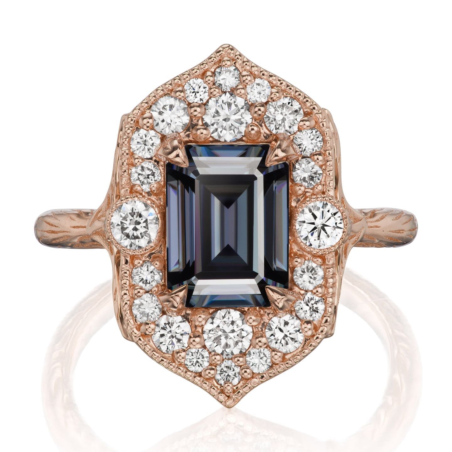 ・ESTELLA・Emerald Cut Iconic™ Grey Moissanite, Diamond Halo (2.30ct)