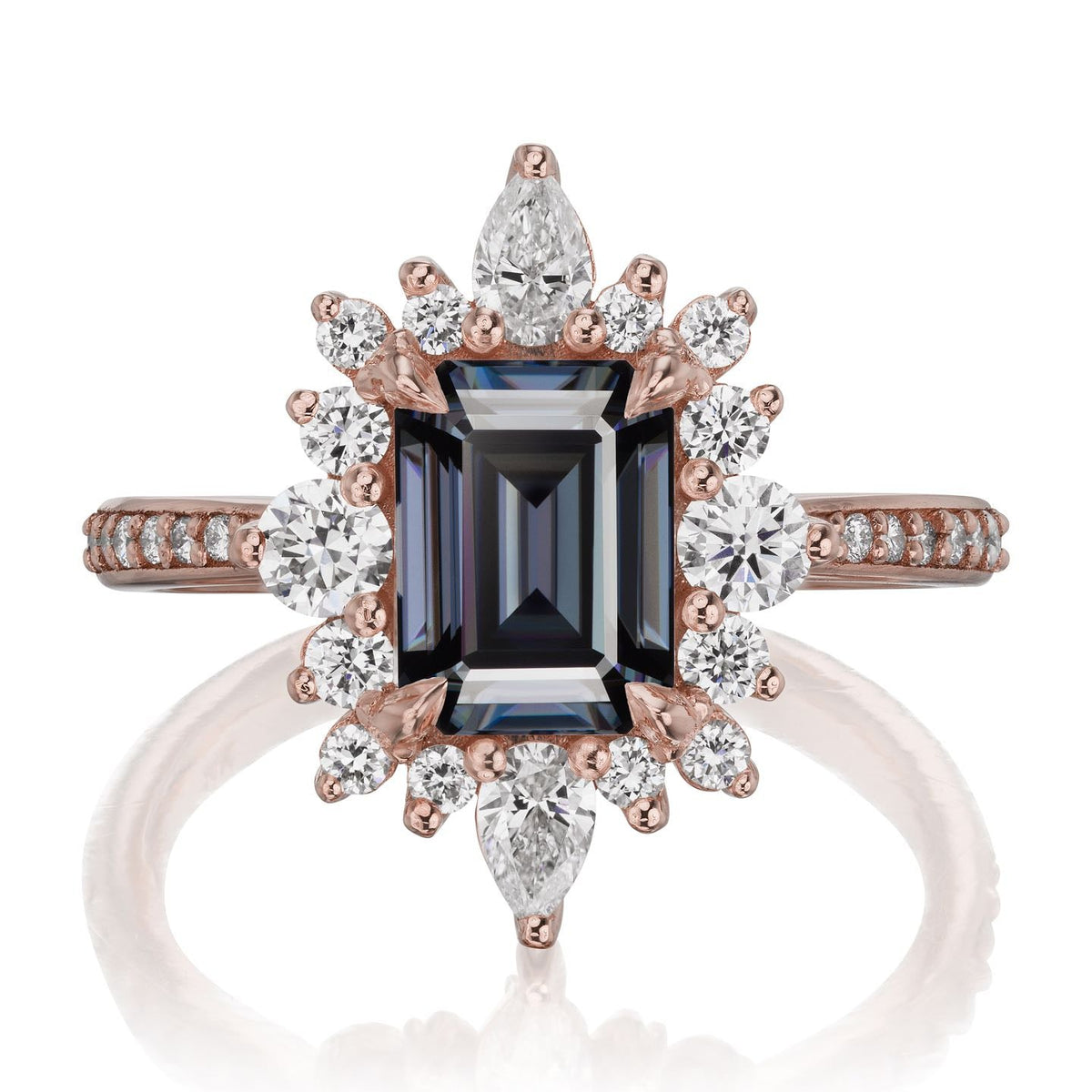 ・TALIA・Emerald Cut Iconic™ Grey Moissanite Center, Diamond Halo (2.33ctw+)