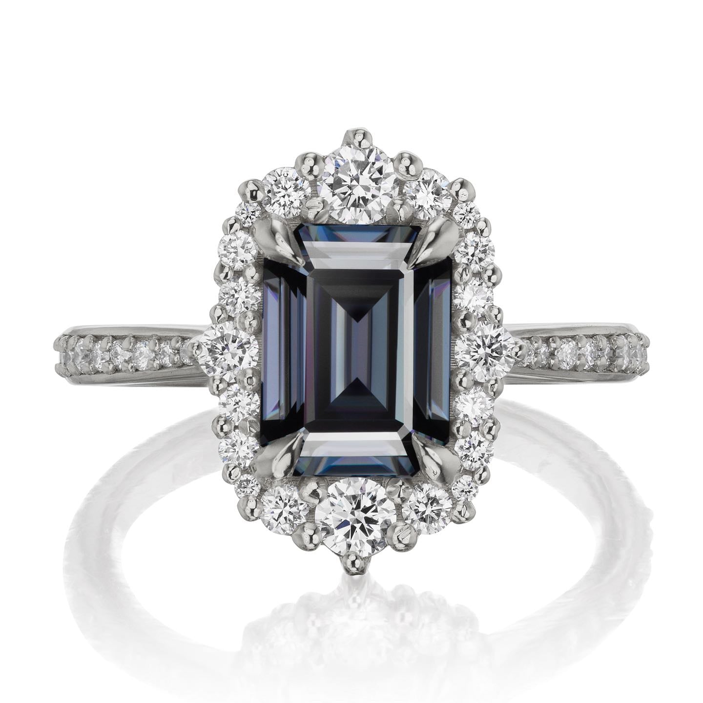 ・ADELINE・Emerald Cut Iconic™ Grey Moissanite Center, Diamond Halo (2.16ctw+)