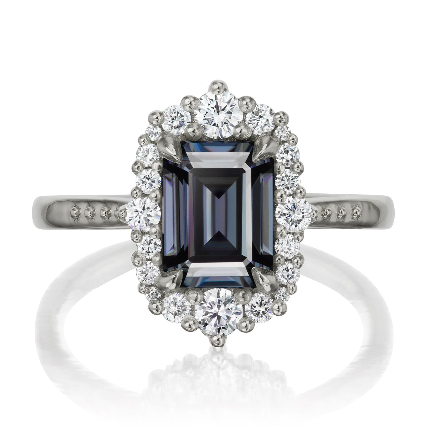 ・ADELINE・Emerald Cut Iconic™ Grey Moissanite Center, Diamond Halo (2.16ctw+)