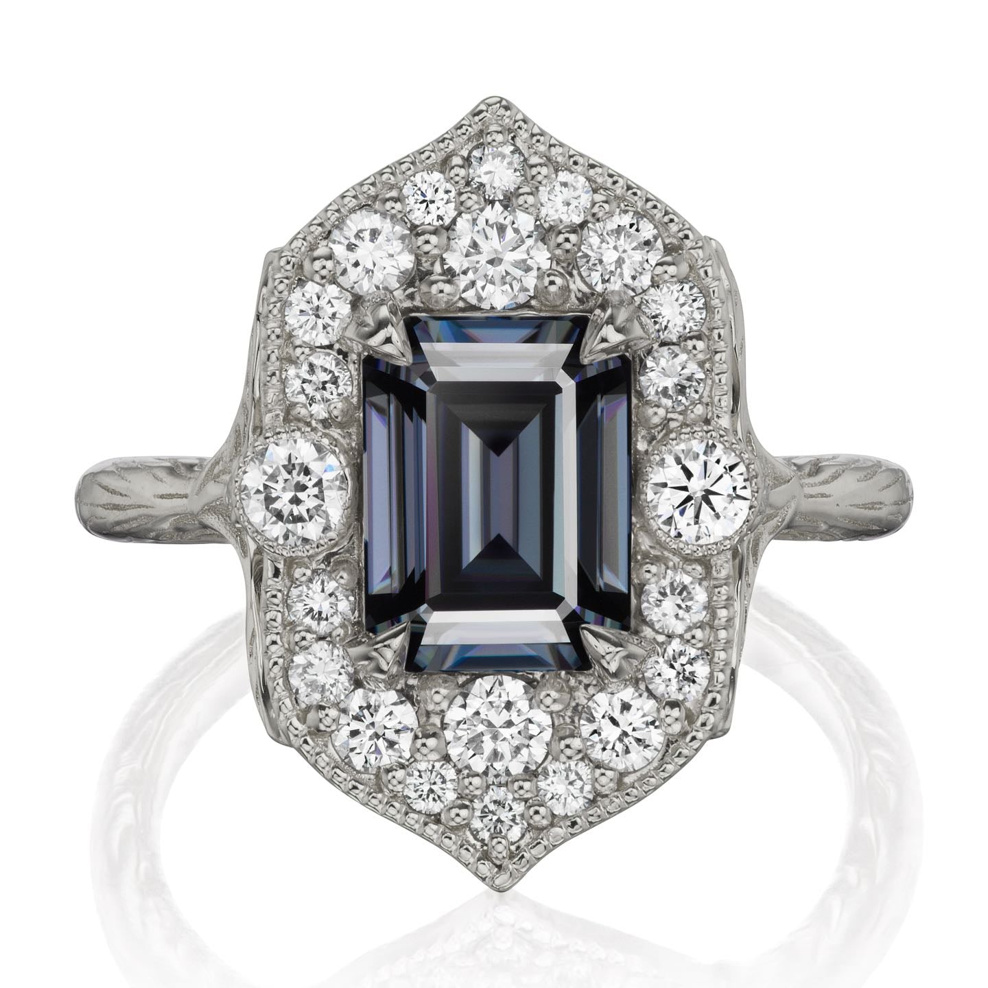 ・ESTELLA・Emerald Cut Iconic™ Grey Moissanite, Diamond Halo (2.30ct)
