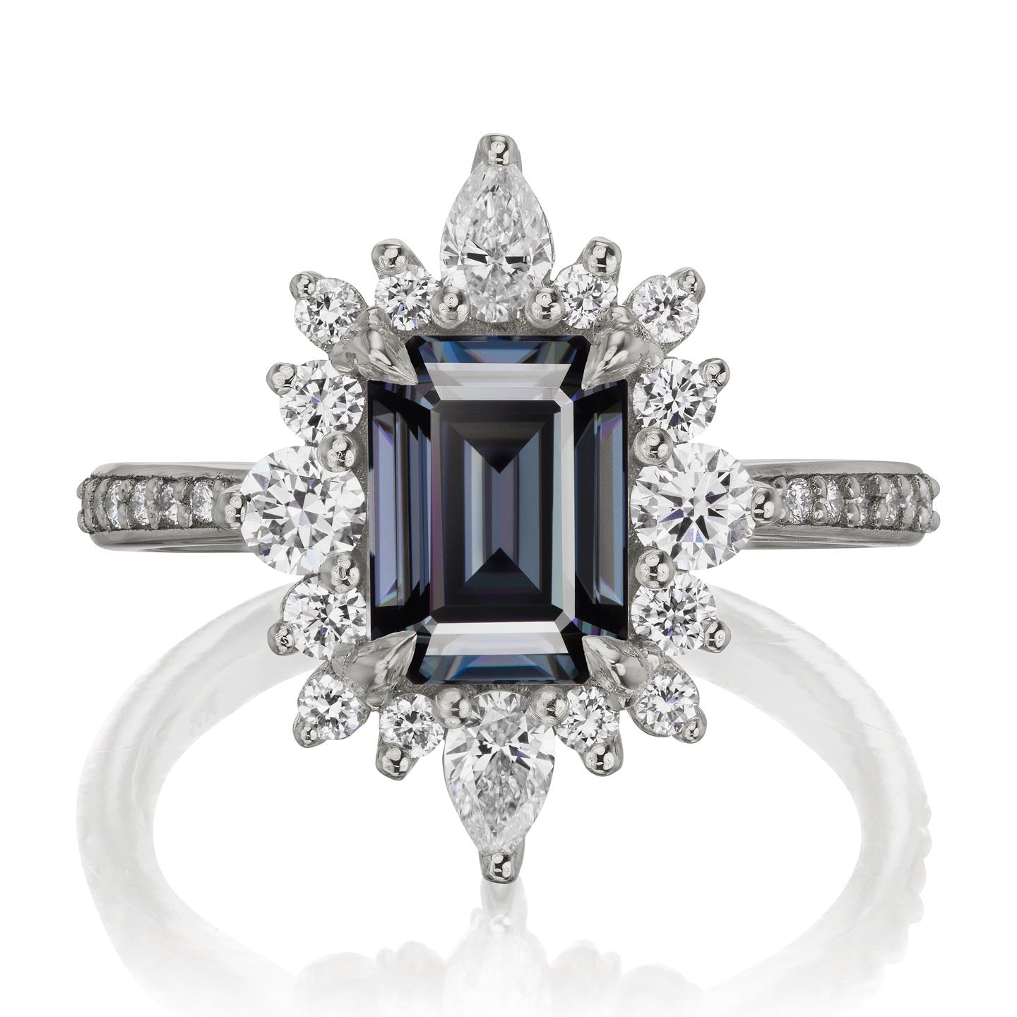 ・TALIA・Emerald Cut Iconic™ Grey Moissanite Center, Diamond Halo (2.33ctw+)