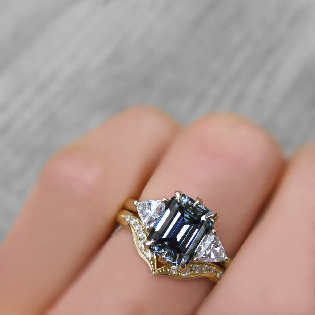 ・AVERY・Emerald Cut Iconic™ Grey Moissanite Center, Trillion Diamonds (2.17ctw)
