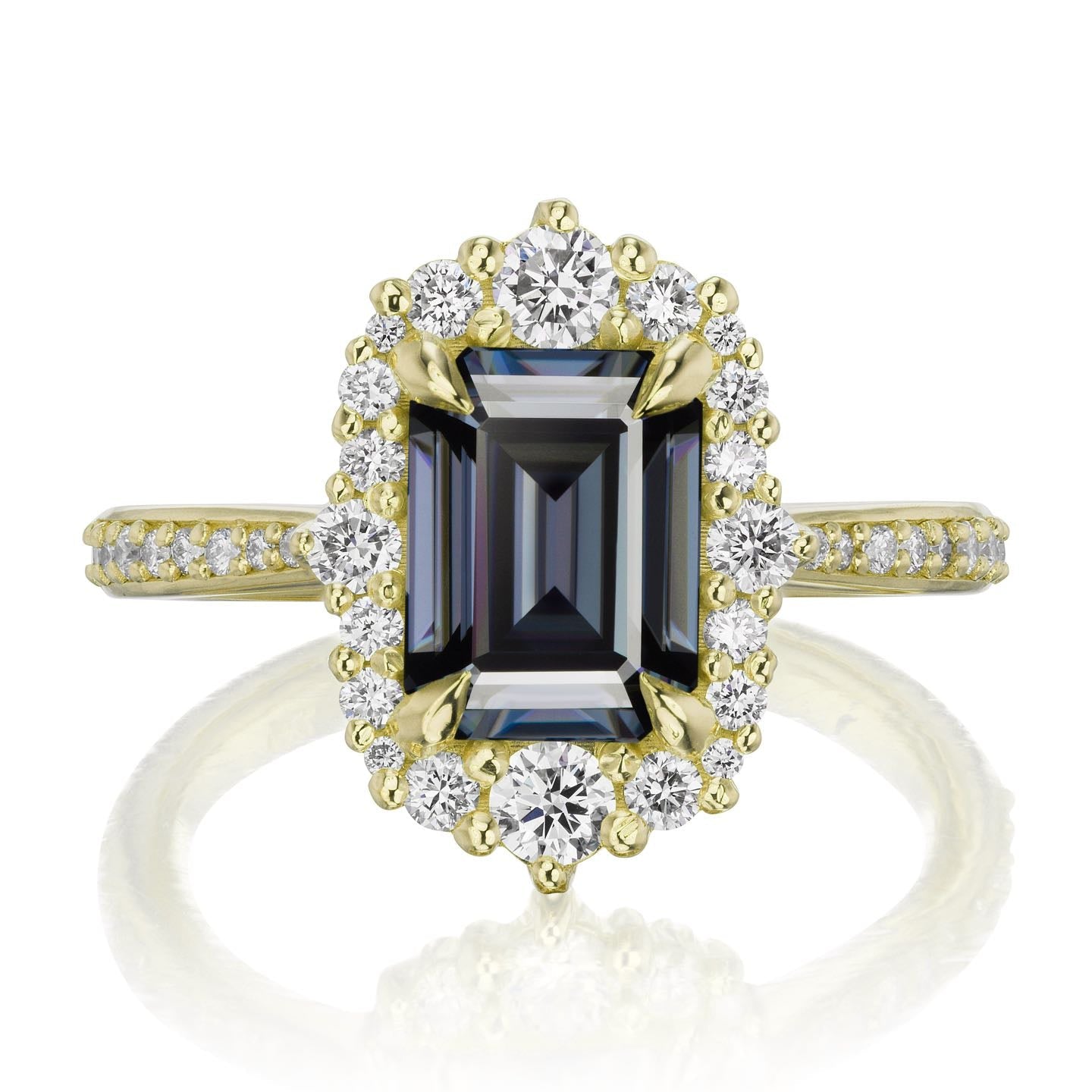 ・ADELINE・Emerald Cut Iconic™ Grey Moissanite Center, Diamond Halo (2.16ctw+)