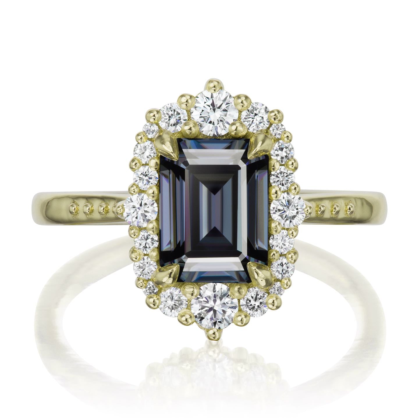 ・ADELINE・Emerald Cut Iconic™ Grey Moissanite Center, Diamond Halo (2.16ctw+)