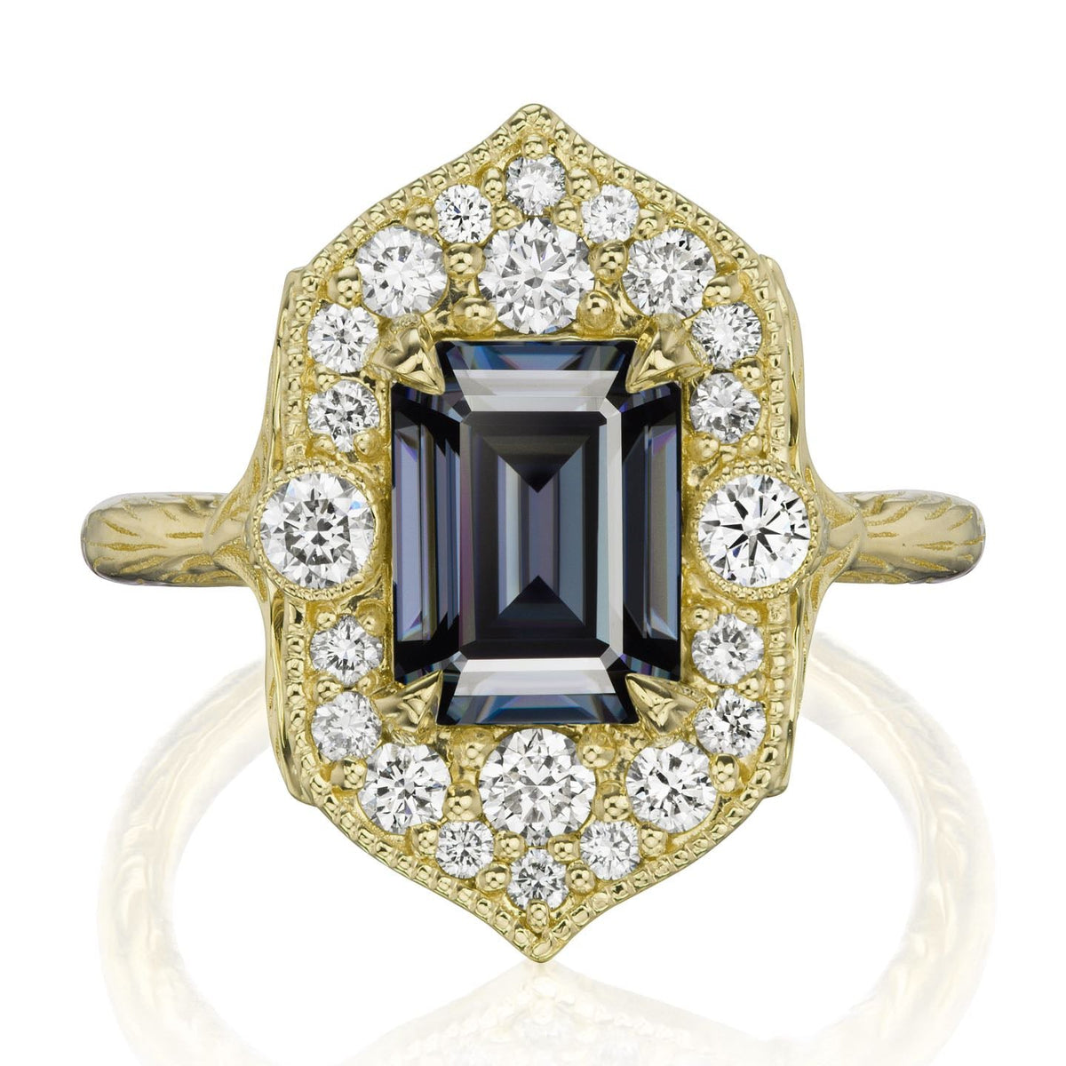 ・ESTELLA・Emerald Cut Iconic™ Grey Moissanite, Diamond Halo (2.30ct)