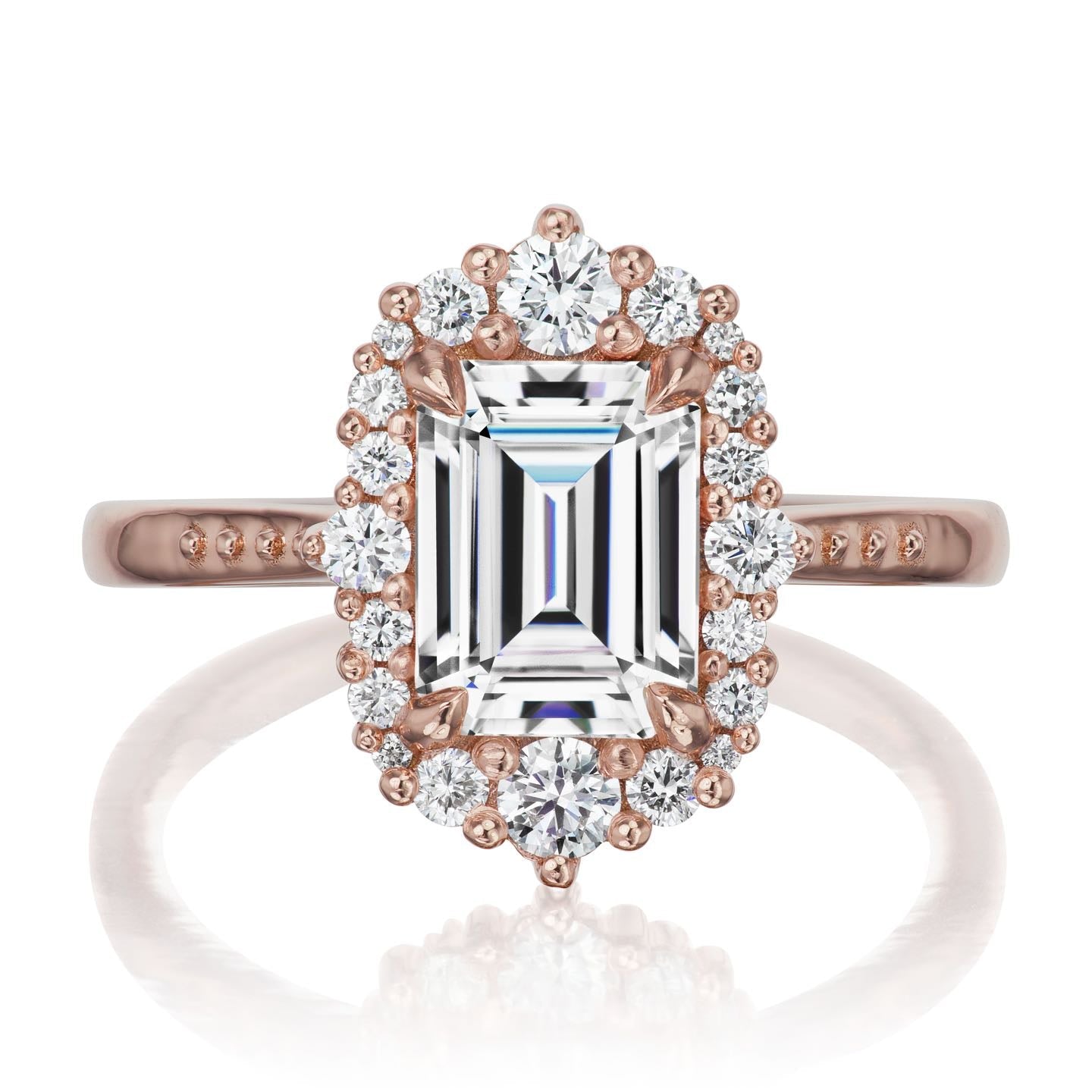 ・ADELINE・Emerald Cut Moissanite Center, Diamond Halo (2.16ctw+)