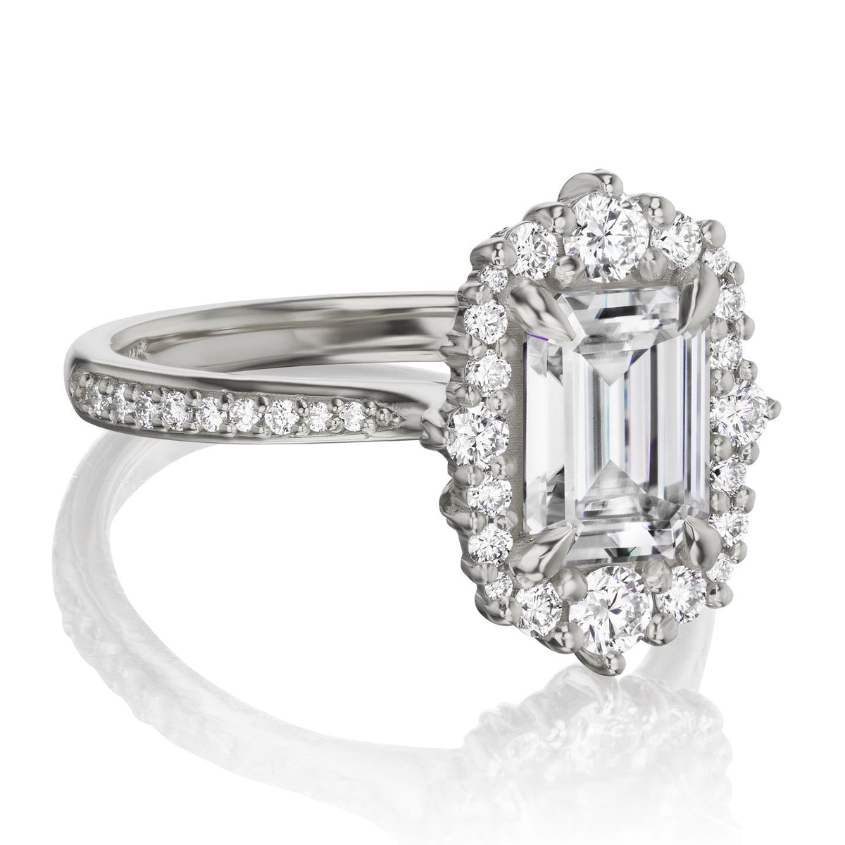 ・ADELINE・Emerald Cut Moissanite Center, Diamond Halo (2.16ctw+)