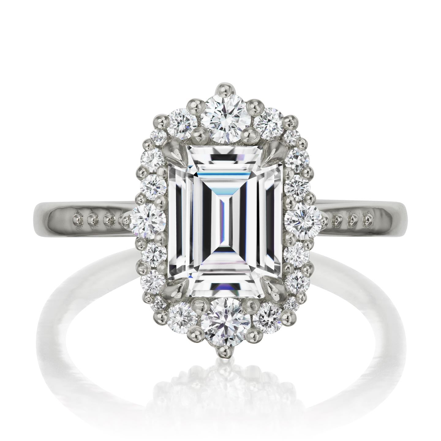 ・ADELINE・Emerald Cut Moissanite Center, Diamond Halo (2.16ctw+)