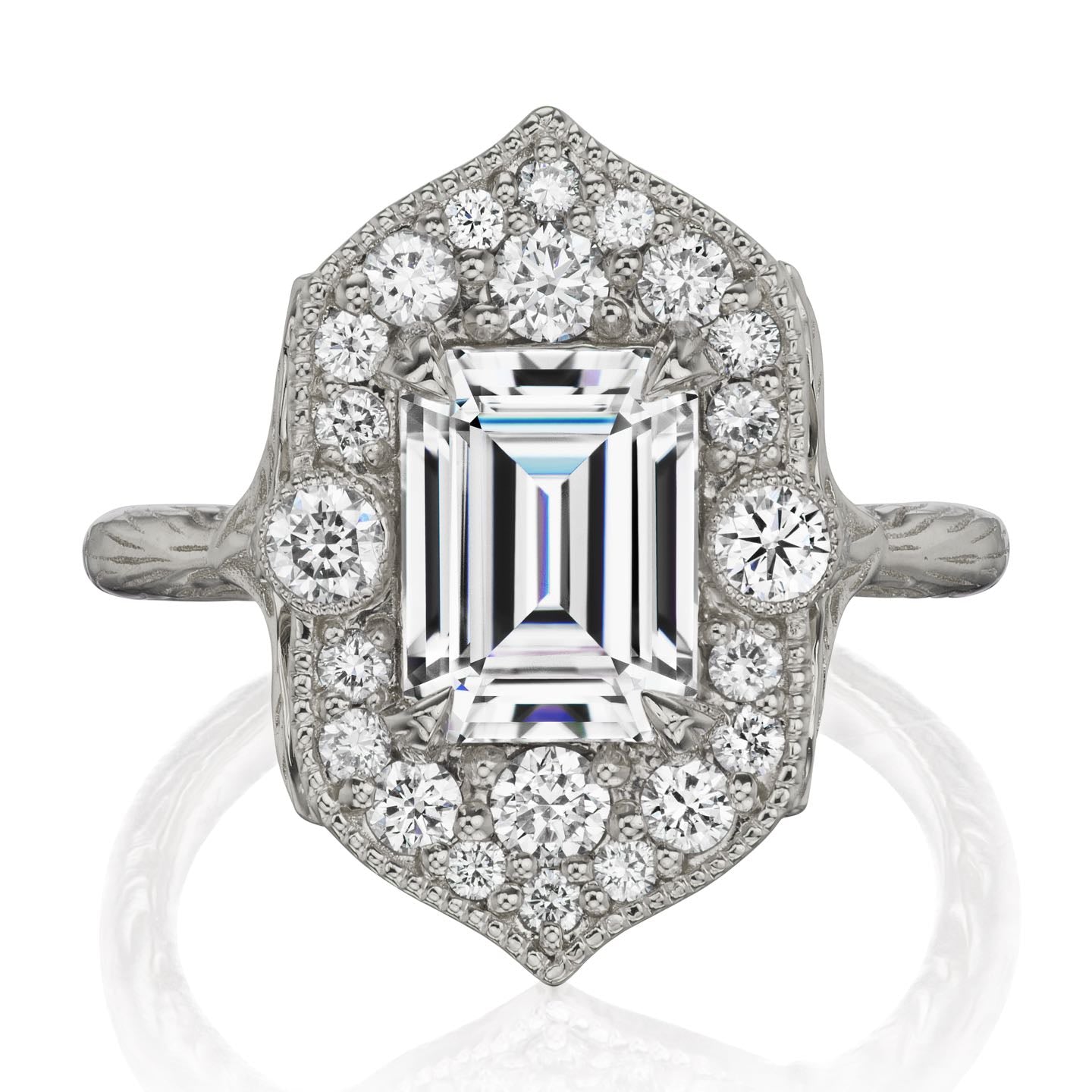 ・ESTELLA・Emerald Cut Moissanite Center, Diamond Halo (2.30ct)