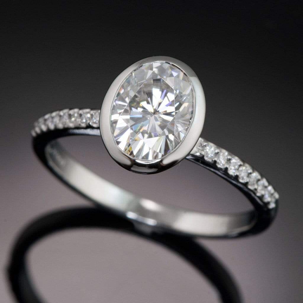 Oval Moissanite Sonia Bezel Set Diamond Accented Cathedral Engagement Ring