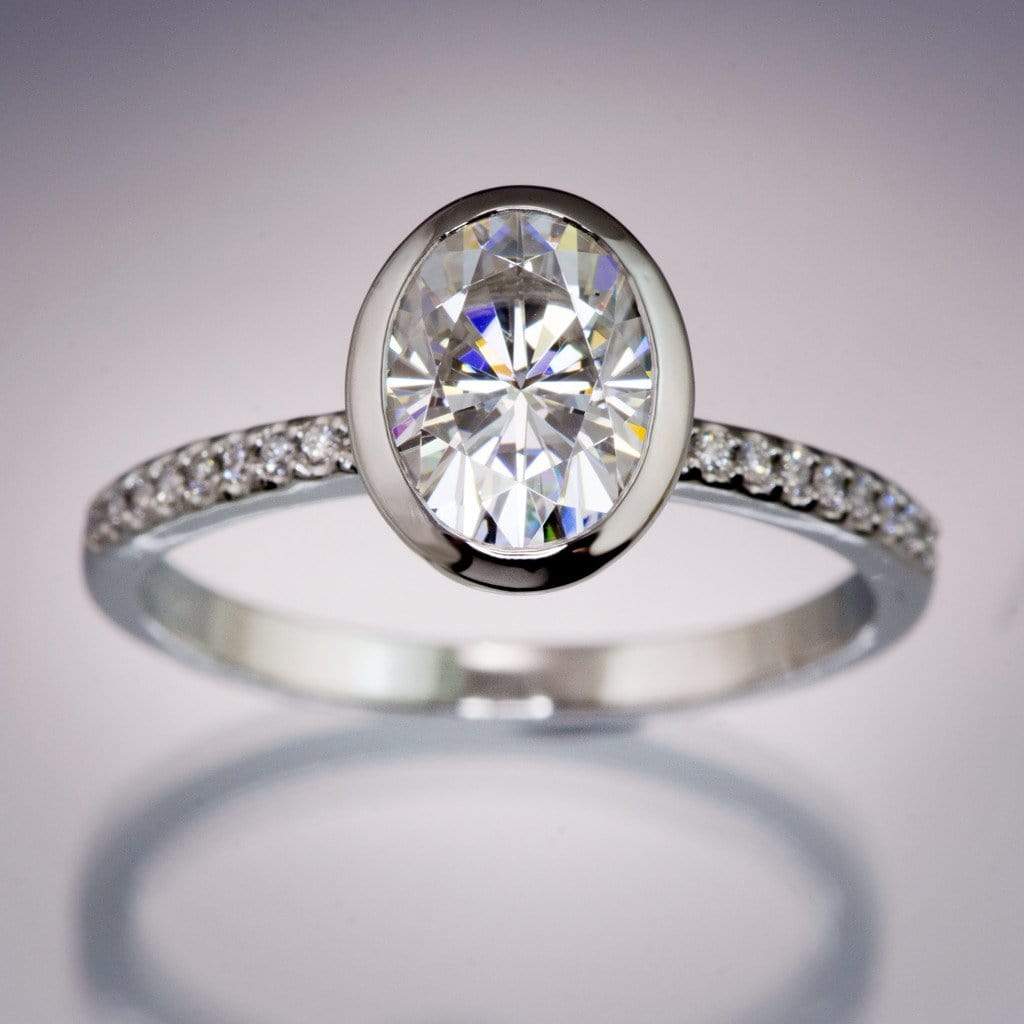 Oval Moissanite Sonia Bezel Set Diamond Accented Cathedral Engagement Ring