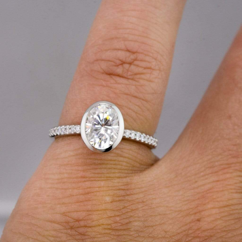 Oval Moissanite Sonia Bezel Set Diamond Accented Cathedral Engagement Ring